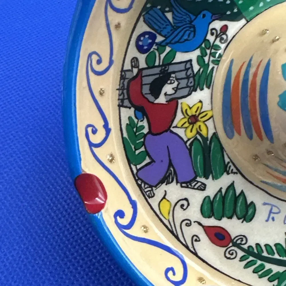 Sombrero Ashtray Clay Pottery Hand-Painted Artist Marked Mexico Colorful Hat‎